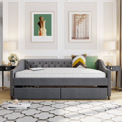 Upholstered daybed with Two Drawers, Wood Slat Support, Full Size by Rosdorf Park