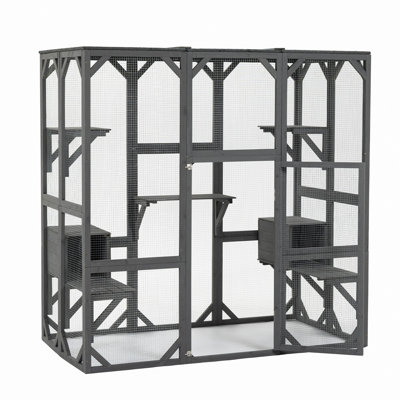Outdoor Cat House Wooden Catio Enclosure W/Cover- Large Cat Cage With Jump Platforms And Condos, Weatherproof, Grey