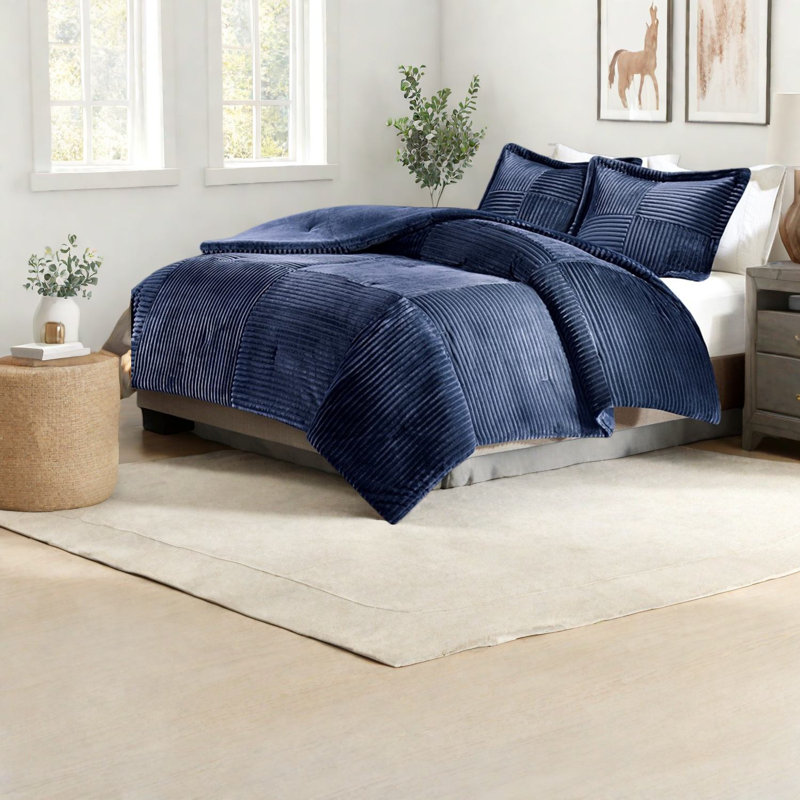 Hypoallergenic Plush Bedding Sets, Polyester Comforter With Ribbed Design, Navy Full/queen