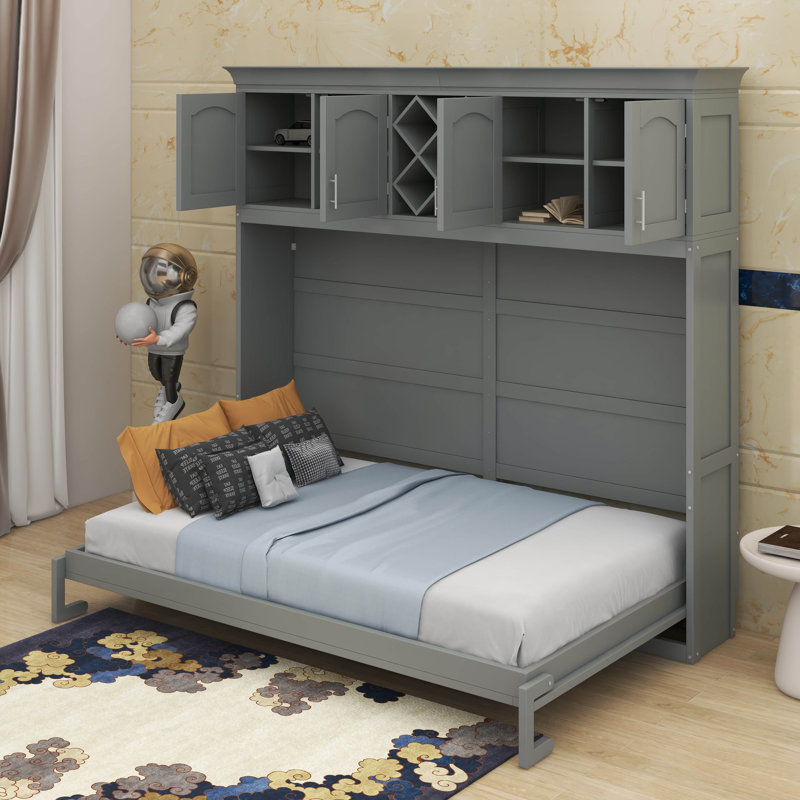 Grand lit escamotable avec armoires supérieures et porte-bouteilles, Blanc