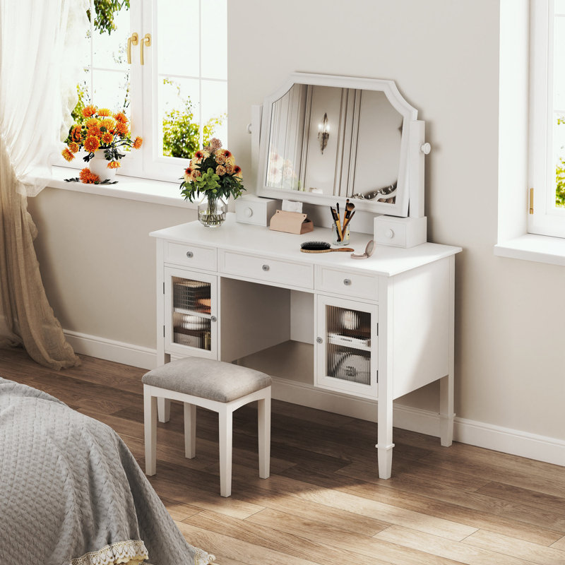 Bureau de coiffeuse avec miroir réglable, 5 tiroirs et armoire de maquillage
