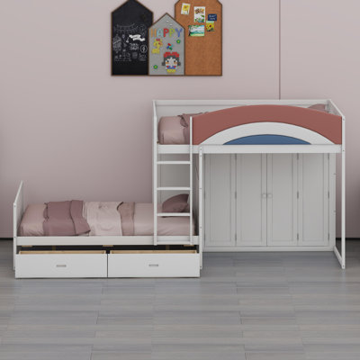Lit superposé tout-en-un avec garde-robe, tiroirs et système de rangement suspendu