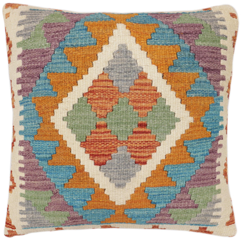 Coussin Bohemien Orville, H 18 po x l 19 po, Orange / beige / bleu