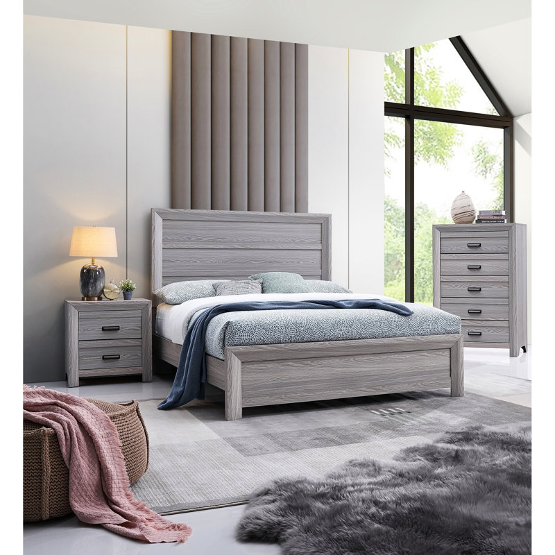 Grand lit gris en bois gris avec tête de lit à finition rustique et taille de conception contemporaine durable, Gris