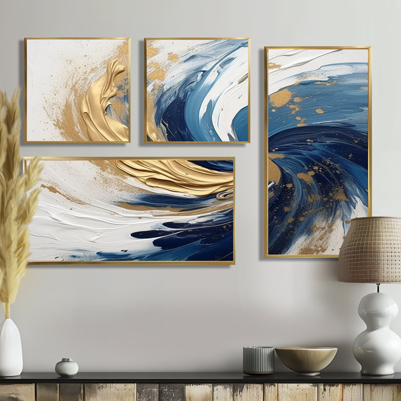 Décoration murale moderne bleu foncé et spirale IV - bleu foncé 4 pièces, Impression encadrée sans passe-partout, Doré