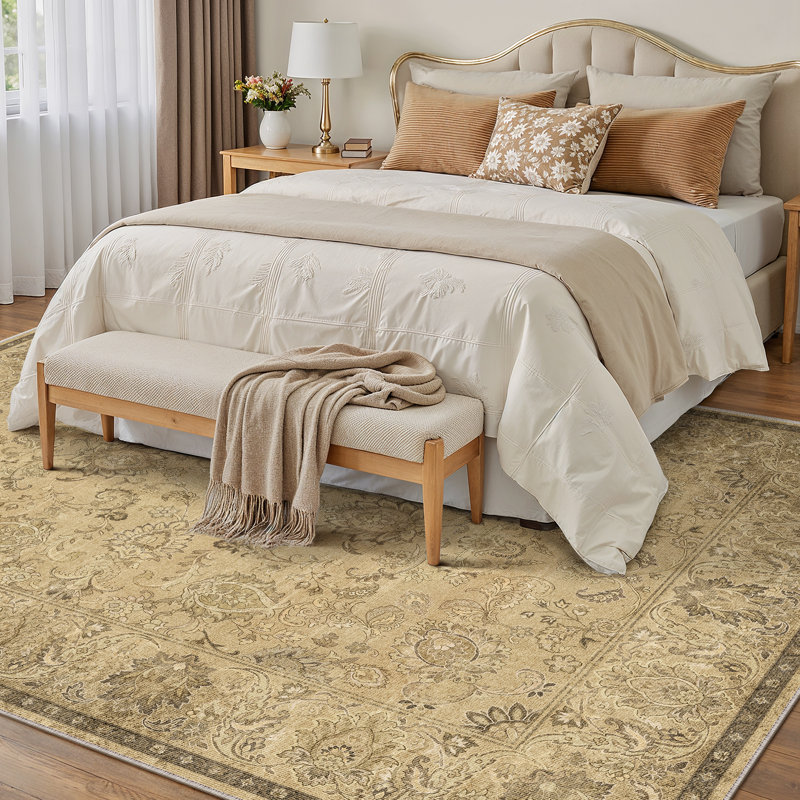 Tapis Elara Vintage Floral lavable à la machine avec envers antidérapant, Brun, Rectangle 5 pi x 7 pi