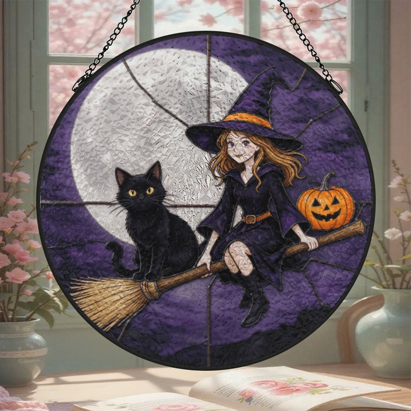 Sorcière, balai, chat, lune, vitrail, panneaux, Suncatcher, 7.8x7.8in(20x20cm)