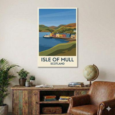 Isle of Mull, Scotland - Romantic Travel Poster of Tobermory Harbour and Hebridean Highlands. Giclee Print on Wrapped Canvas. Wall Art, Home Decor - Natural Landmarks, Scotland 1 Piece Wrapped Canvas Wall Art