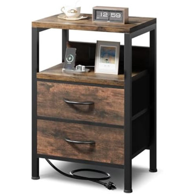 Table de chevet pour table de chevet - table de chevet brune avec station de chargement, table de bout moderne avec tablette ouverte et 2 tiroirs en tissu, port USB-C pour dortoir, salon