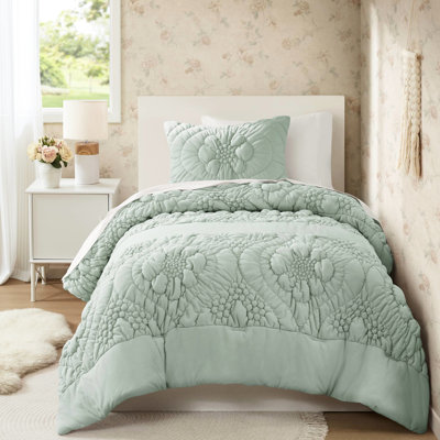 Édredon simple de couleur sauge, avec un motif floral romantique, une douceur gonflée, un tissu respirant, une texture standard 100 et toutes saisons, un sommeil douillet