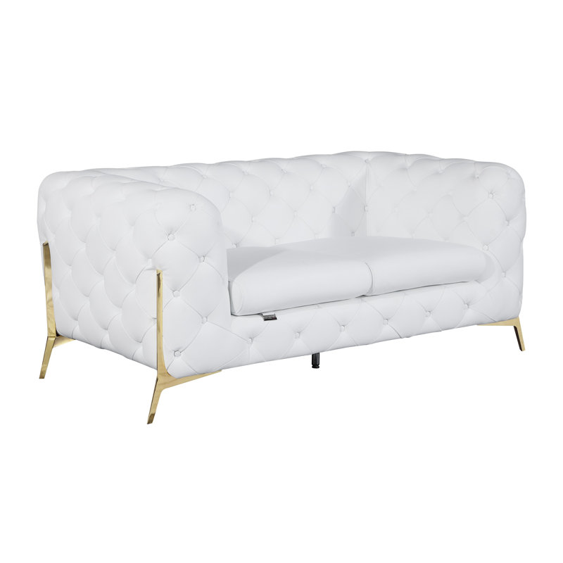 Ehrika Top Grain Italian Leather Loveseat, Gold, White