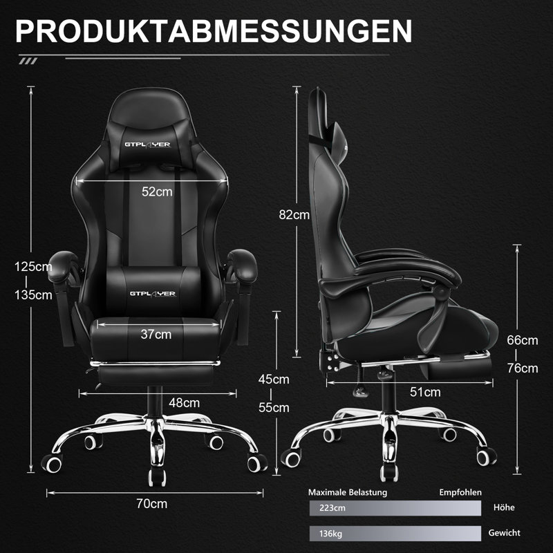 LUCKRACER Adjustable Reclining Ergonomic Swiveling PC & Racing Game Chair with Footrest, Black, Faux Leather