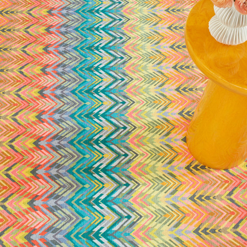 Seneca Machine Printed Polyester Chevron Area Rug in Turquoise/Red/Yellow, Rectangle 2' x 3'