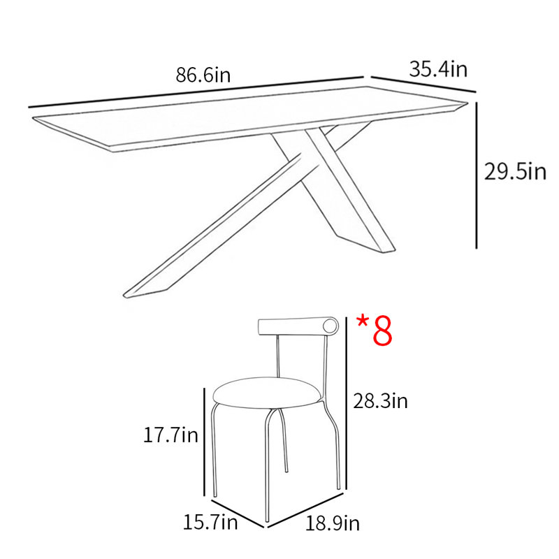 Ensemble de table de salle à manger rectangulaire de style français, Noir, H 29,5 po x L 86,6 po x l 35,4 po