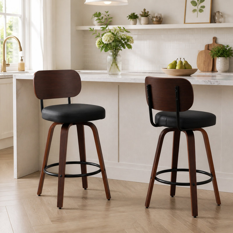 Ensemble de 2 tabourets de bar pivotants de style Mid-Century, tabourets de bar à hauteur de comptoir revêtus de similicuir avec dossier en noyer et pieds en bois cintré pour îlot de cuisine