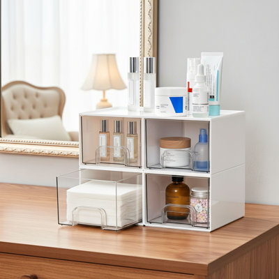4-Pack White Stackable Storage Drawers, Made Of Durable Plastic. Perfect For Bathroom Cosmetics, Dressing Table, And Kitchen Cabinet Storage. Compact And Space-Saving, A Must-Have For Organizing Household Items.