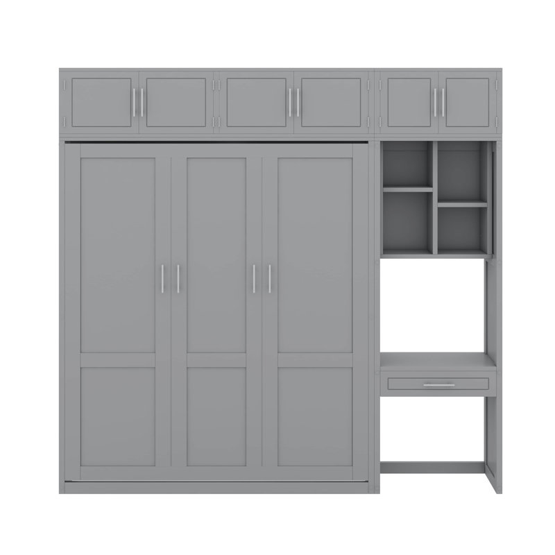 Lit escamotable mural avec bureau, armoire supérieure et tablettes de rangement, Gris, Grand lit