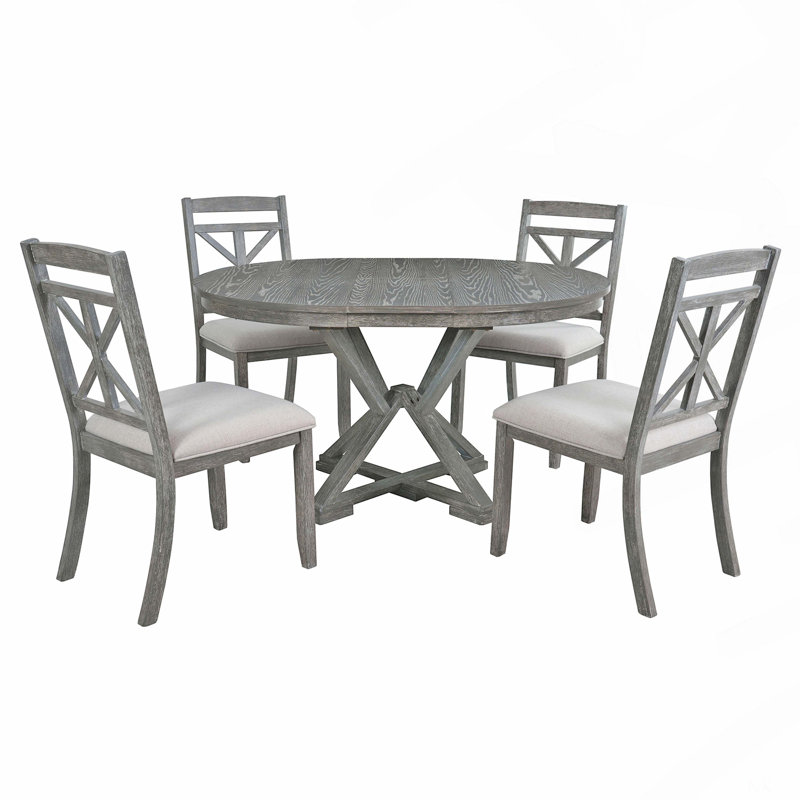 Ensemble 5 pièces de table de salle à manger rétro avec rallonge et 4 chaises rembourrées pour la salle à manger et le salon (gris)