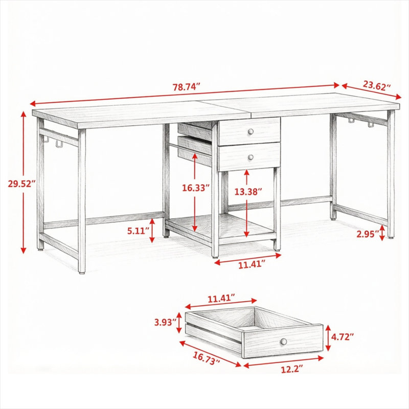 Bureau d'ordinateur deux places en acier avec tiroirs, 112 cm (L) x 65,5 cm (l) x 18,5 cm (H), fini brun