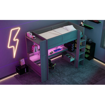 Lit mezzanine avec bureau Gaming, tablettes multi-rangements, DEL et station de charge, gris foncé