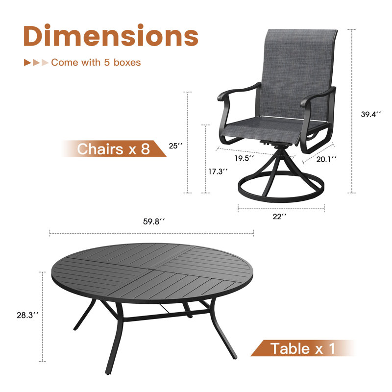 Ensemble repas pour 8 personnes avec table de salle à manger ronde de 60 po et 8 chaises pivotantes en textilène, Noir / Noir