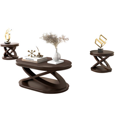 Retro Coffee Table Sets 3 Pieces, Wood Living Room Table Set Include 44" Oval Coffee Table, Round End Table Set Of 2,  Espresso