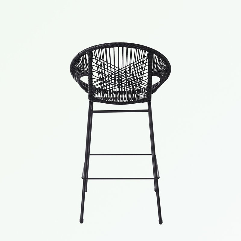 Ensemble de 2 tabourets de bar d'extérieur en faux osier avec pieds en métal, Noir, noir, noir, noir