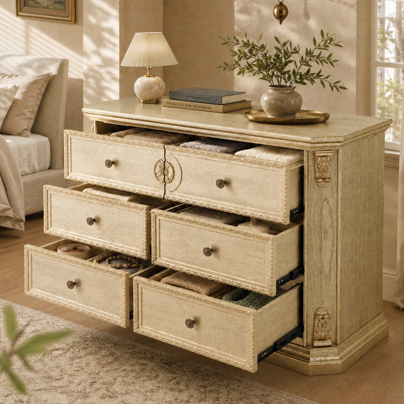 Commode à 6 tiroirs de 106 cm de large, avec structure en bois massif, ornements sculptés en résine et finition dorée.