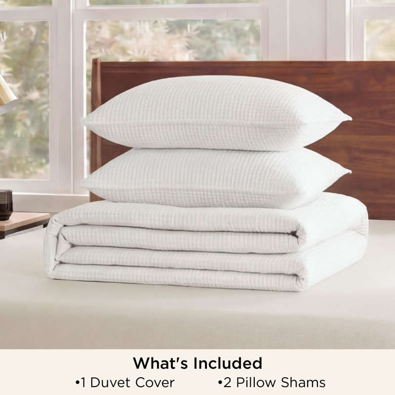 Ensemble de housse de couette à tissage gaufré 100% coton Essential Collection, Blanc noix de coco