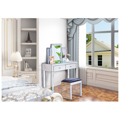 Bureau de coiffeuse moderne en argent avec miroir et tiroirs à fermeture douce, coiffeuse en bois aggloméré 39,4 po