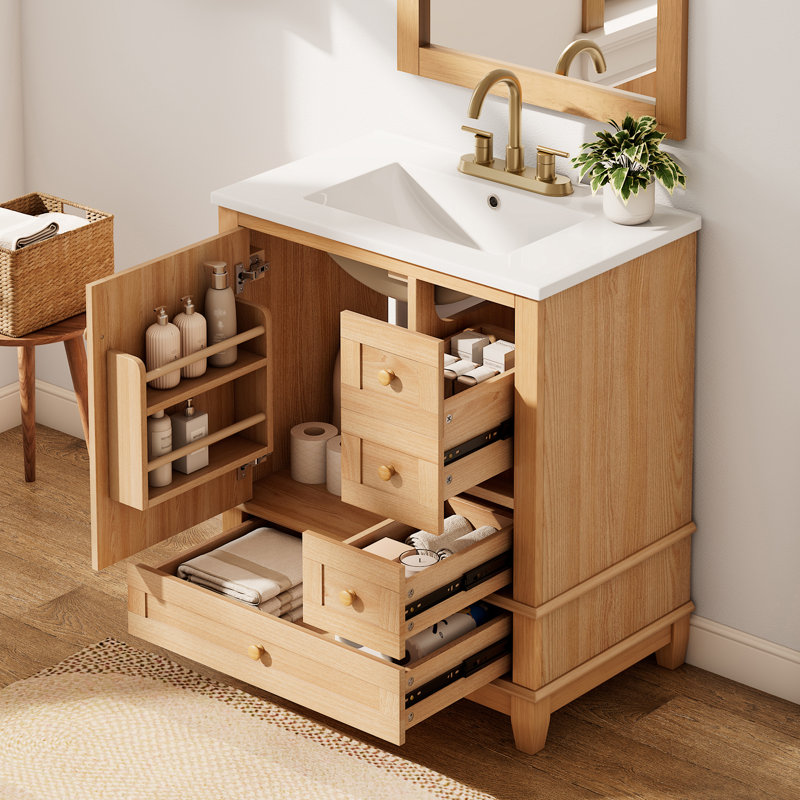 30" Bathroom Vanity With Sink, One Door With Shelf And Three Drawers, Soft Close Door, Gold, Wood