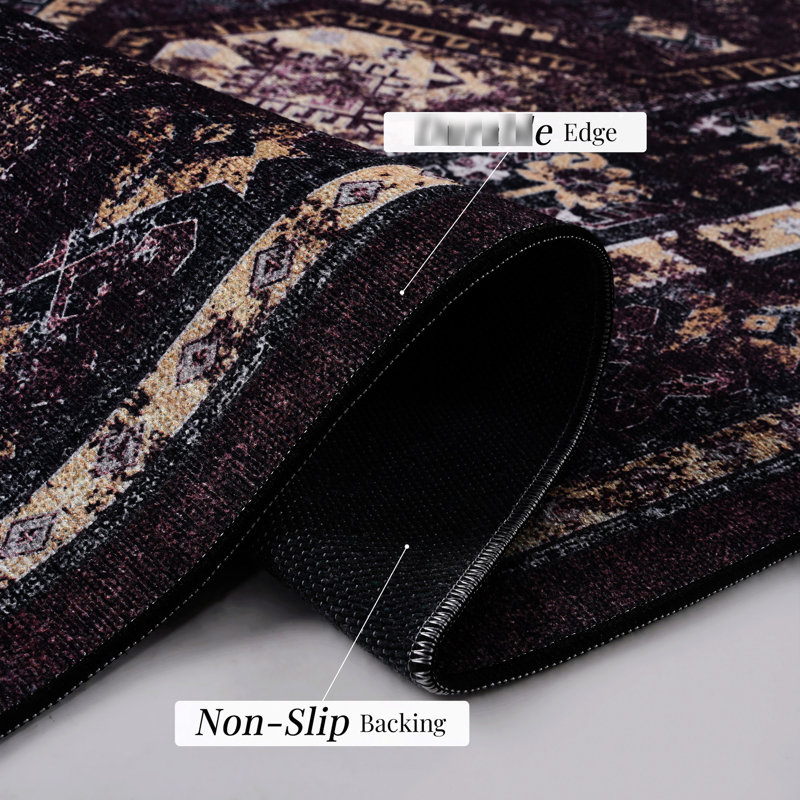 Low-pile Machine Washable Area Rugs 2x3, Non-slip, Allergy-, & Pet , For Bedroom, Living Room, Dining Room - Black+burgundy Low-pile, Fatigue, Kitchen,