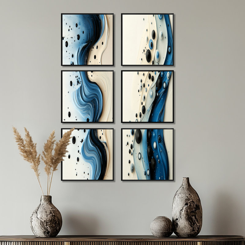 «Drip Paint» Aqua - rythmique éclaboussures de sérénité - ensemble de 6 décorations murales abstraites, Noir