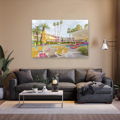 Poolside At The Saguaro Hotel - Palm Springs Colorful Modern Retro Palm Tree Architecture Landscape Wall Art Print 1 Piece Wrapped Canvas Wall Art