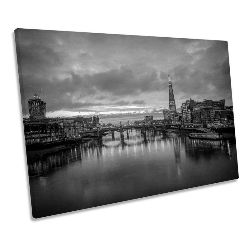 London City Skyline The Shard Sunset B&W - Wrapped Canvas Print, 50.8cm H x 76.2cm W x 2cm D