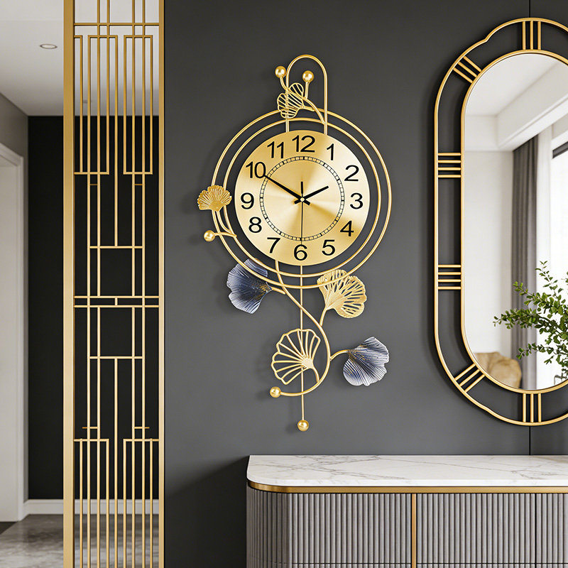 Elegant Metal Wall Clock with Pendulum and Gold and Gray Leaves, Modern Non-Walking Silent Metal Wall Clock