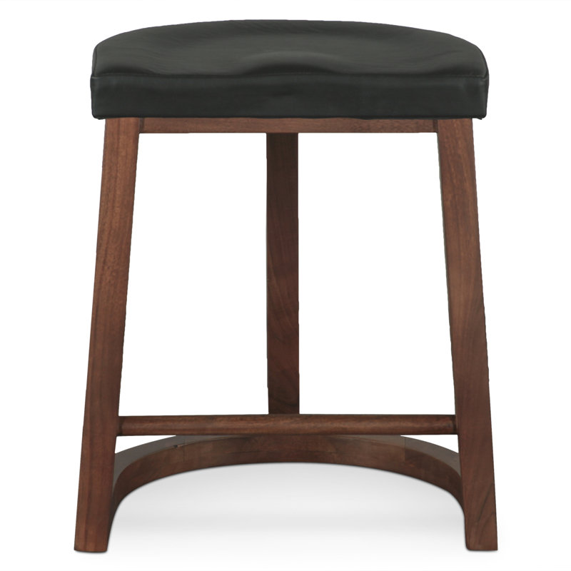 Upholstered Genuine Leather Counter Stool with Solid Wood Frame