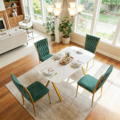 Ensemble de table de salle à manger 51 pouces en verre pour 4 personnes, ensemble de salle à manger moderne en verre trempé avec chaises ergonomiques en velours, ensemble de salle à manger 5 pièces pour salle à manger