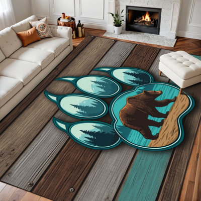 10 x 14 tapis pour chambre à coucher Ours sauvage rétro à rayures en bois bleues avec empreintes de pattes Tapis lavable pour salon
