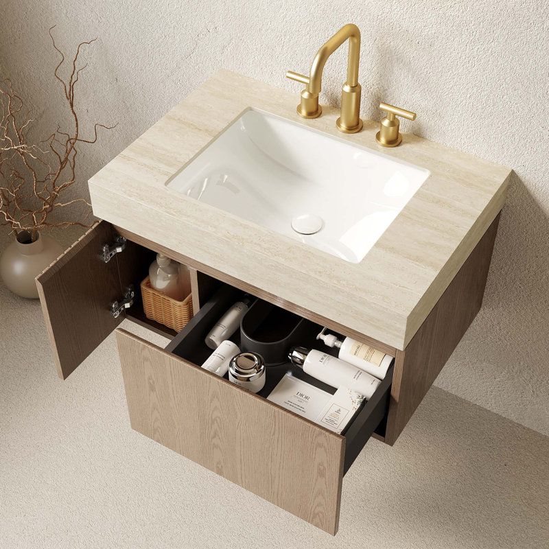 Meuble-lavabo flottant avec comptoir en pierre frittée et vasque en céramique Roma Travertine, 30", Light Brown, Travertine