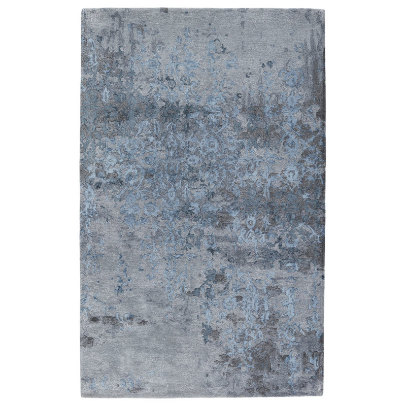 Tapis bleu en viscose noué à la main de conception unique 8 pi x 10 pi New Age, Rectangle de 5 pi x 8 pi