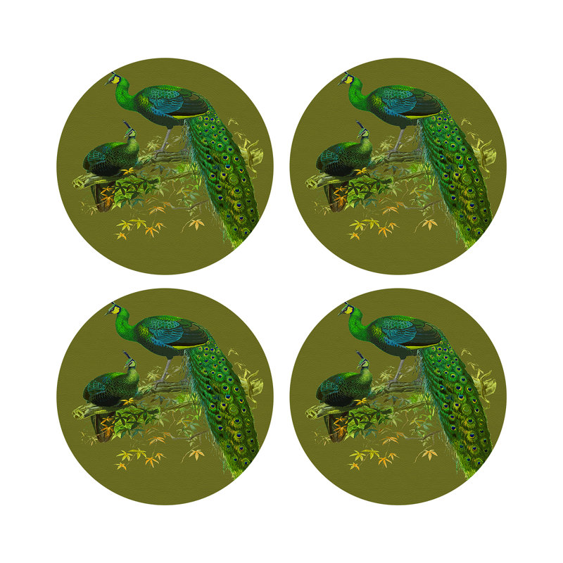 Family Pheasants Vegan Leather Round Pebble Placemat, Olive