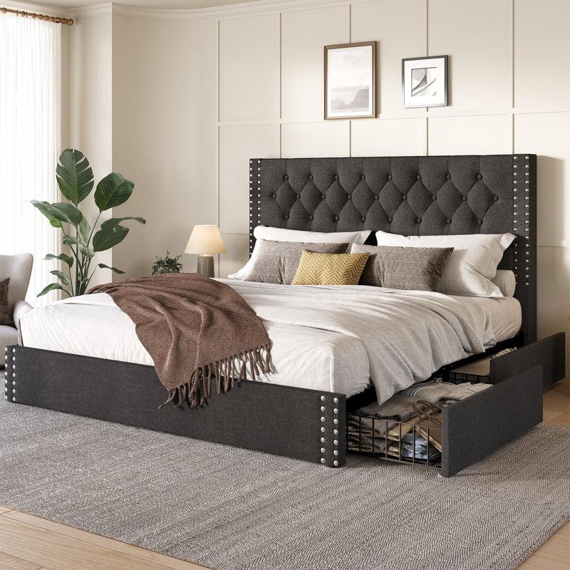 Lit plateforme tapissier avec rangement et très grand lit avec tête de lit Kevyon, Gris, Très grand lit