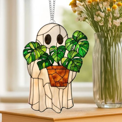 Figurine d'Halloween en acrylique, décorations d'Halloween mignonne attrape-soleil, cadeau fantôme mignon pour les amateurs de livres, décor d'automne gothique pour fenêtre, pour femme (plante fantôme)