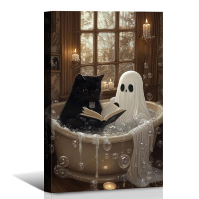 Art mural rétro sur toile d'Halloween, fantôme et chat noir dans la baignoire, impression, décoration murale foncé pour salon, chambre à coucher