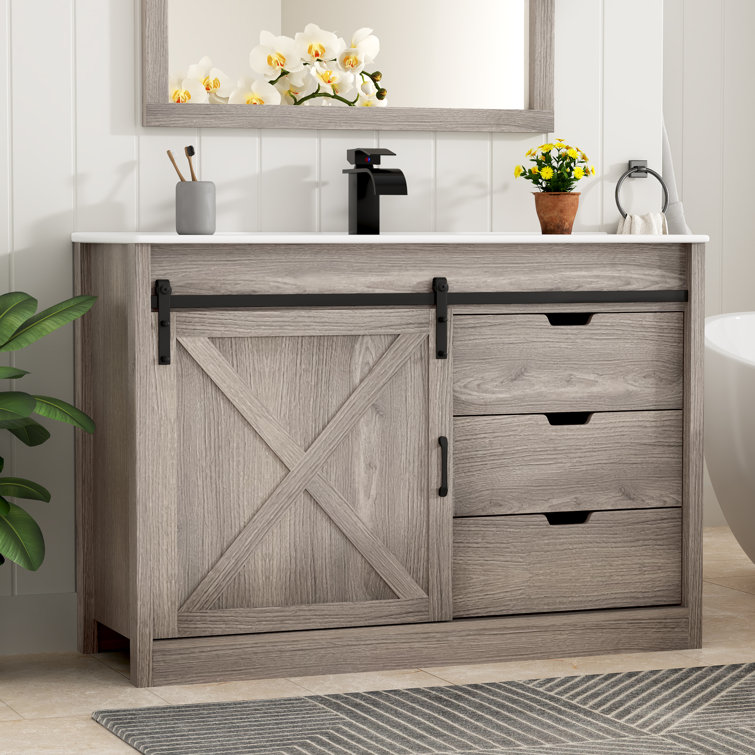 Bathroom Vanity With Sink, Faucet, Mirror, Sliding Barn Door, And Drawers