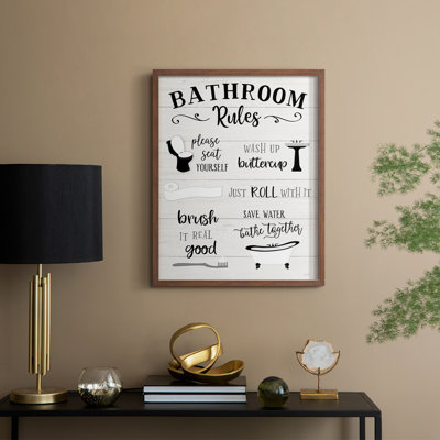 «Rules of the Bathroom», reproduction encadrée - bois massif