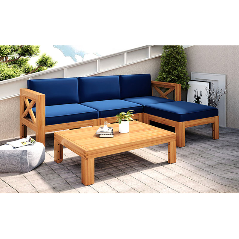 Ensemble de conversation modulaire 5 pièces avec coussins, fini naturel et coussins bleus, Bleu