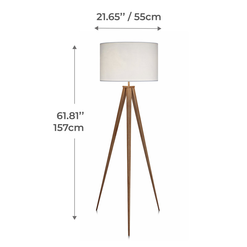 Natural Wood Tripod Floor Lamp with White Drum Shade
