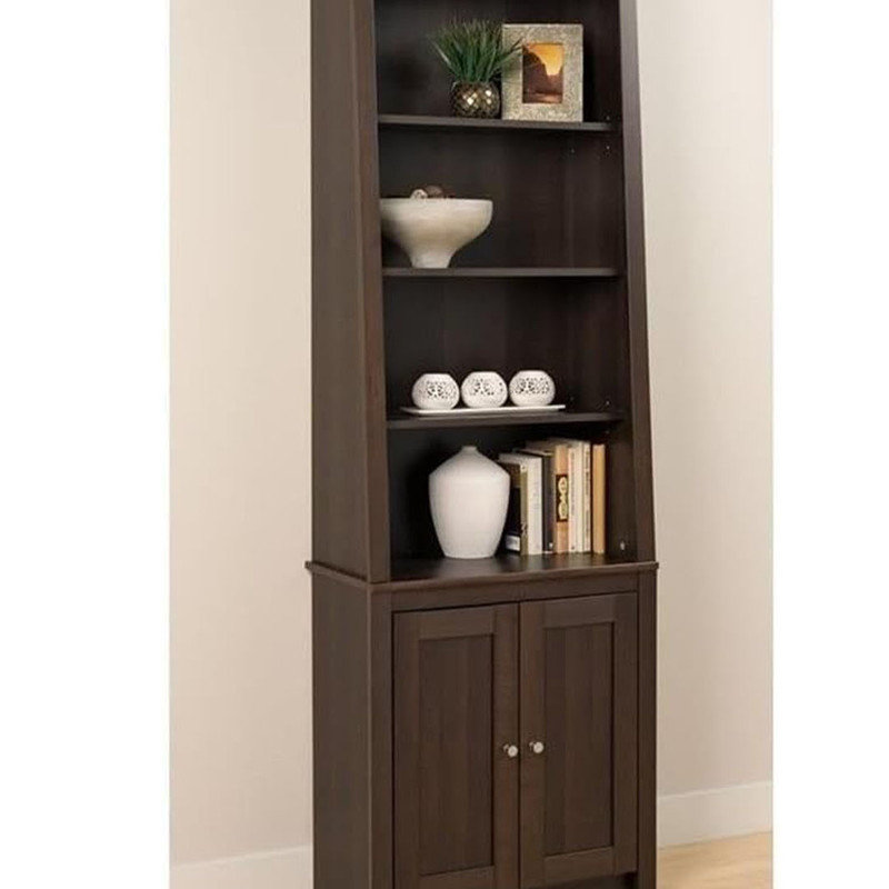 Tall 4 Shelf Slant-Back Bookcase with Doors, Shaker Doors Conceal a Lower Compartment with One Adjustable Shelf, Espresso